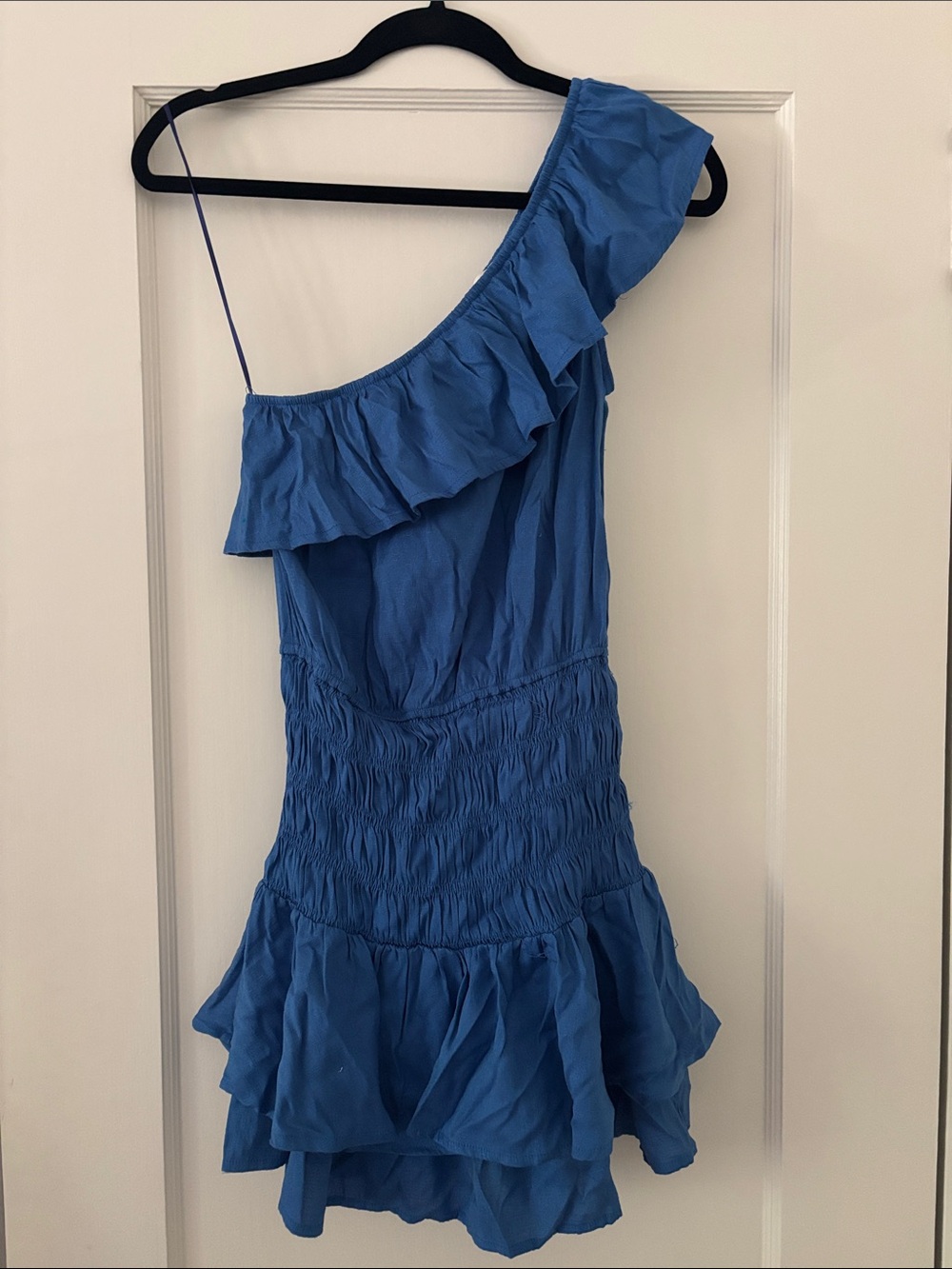 The Impeccable Pig One-Shoulder Ruffle Dress in Blue